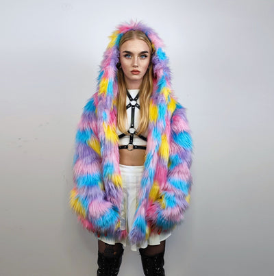 Hooded marshmallow faux fur jacket unicorn coat raver bomber fluffy tie-dye fleece rainbow festival bomber burning man going out trench pink