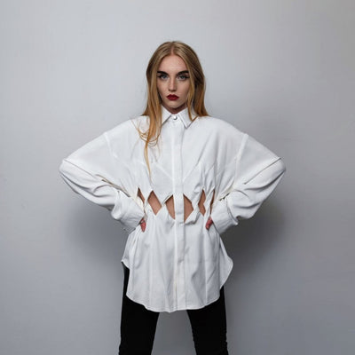 Cut out shirt long sleeve geometric hole top mesh blouse see-through oversize gothic top bondage sweatshirt crotchet jumper in white