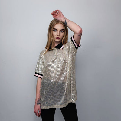 Sequin polo shirt embellished short sleeve glitter blouse metallic shiny party top grunge button up retro festival top in silver