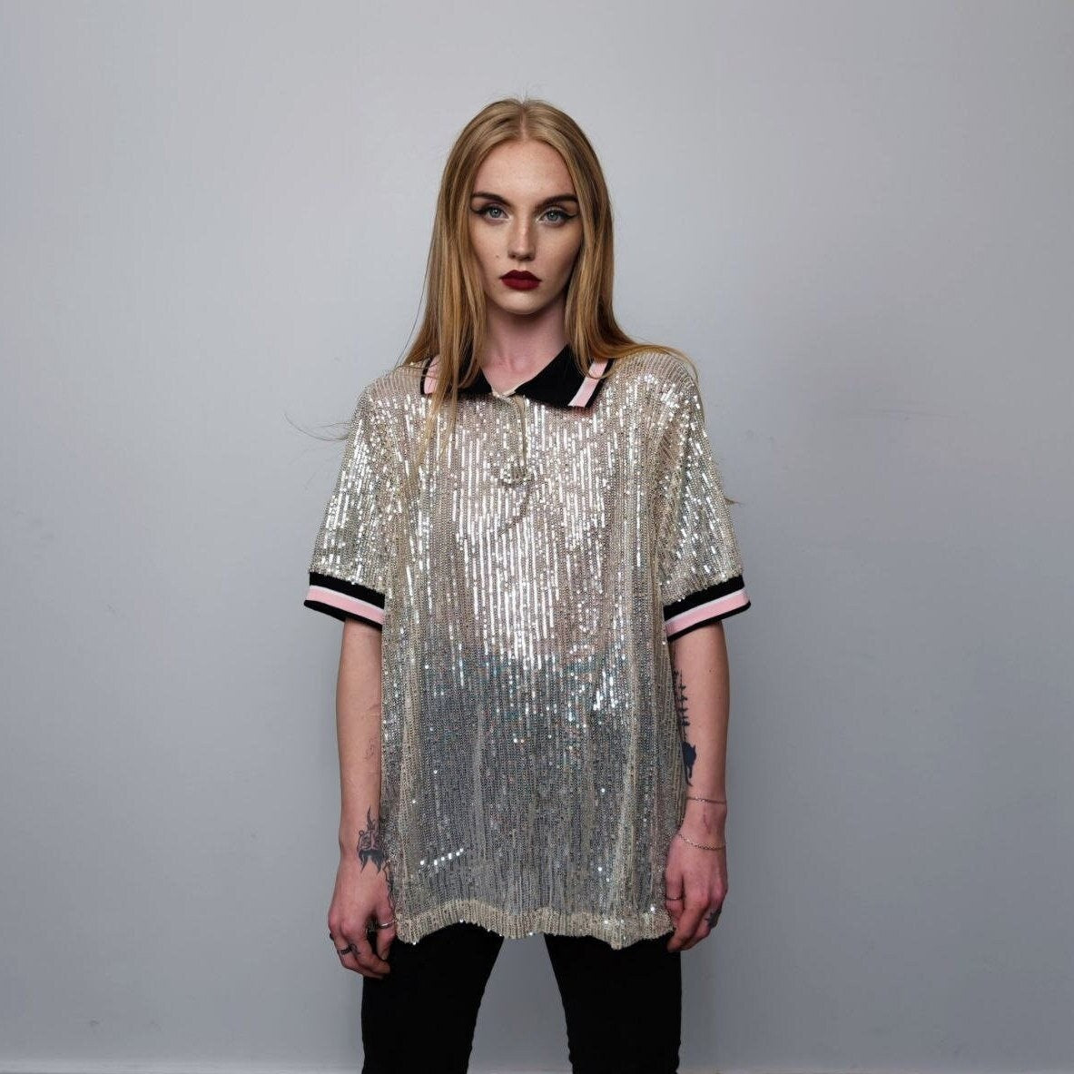 Sequin polo shirt embellished short sleeve glitter blouse metallic shiny party top grunge button up retro festival top in silver