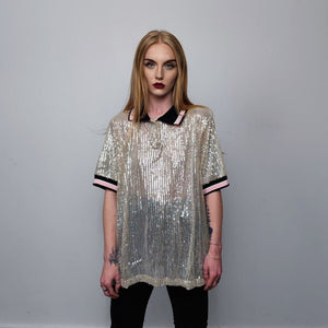 Sequin polo shirt embellished short sleeve glitter blouse metallic shiny party top grunge button up retro festival top in silver