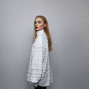 Shredded polo shirt distressed top Gothic turtleneck jumper utility blouse fringed punk top long sleeve tee in white