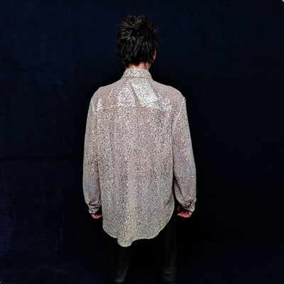 Sequin shirt glitter blouse shiny jumper long sleeve textured top embellished sweat party top button up retro festival top metallic silver