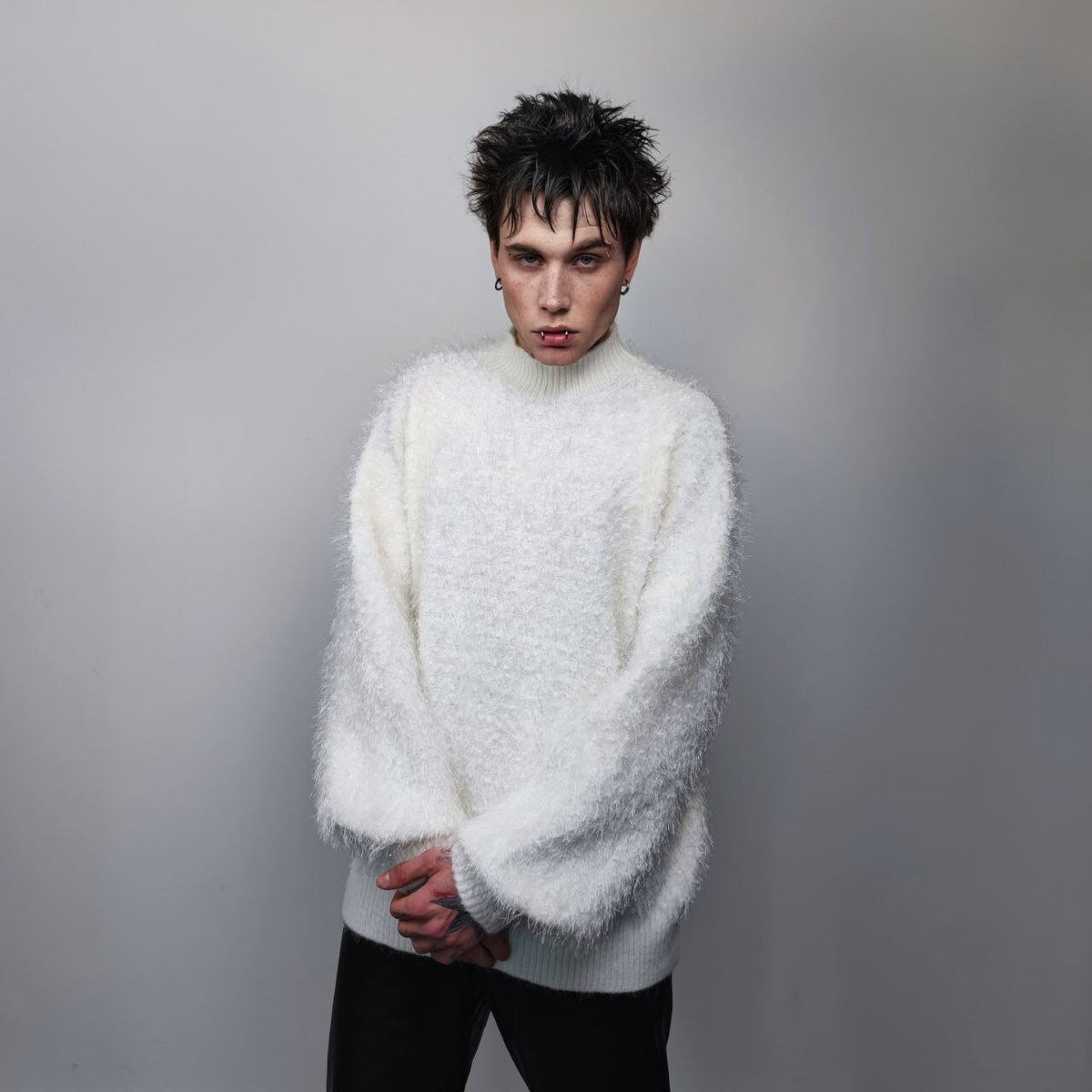 Fluffy sweater fluffy long hair jumper going out top party turtleneck fancy dress knitted blouse fringed punk sweatshirt in white