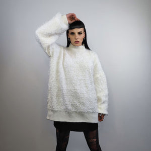 Fluffy sweater fluffy long hair jumper going out top party turtleneck fancy dress knitted blouse fringed punk sweatshirt in white