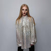 Sequin shirt glitter blouse shiny jumper long sleeve textured top embellished sweat party top button up retro festival top metallic silver