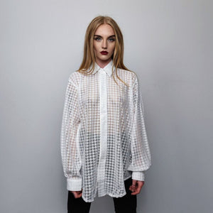 Mesh shirt long sleeve transparent top dog-tooth blouse see-through oversize gothic top sheer sweatshirt floral crotchet jumper in white