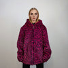 Hooded faux fur leopard jacket animal print bomber bright raver coat fluffy cheetah fleece festival puffer neon burning man overcoat in pink