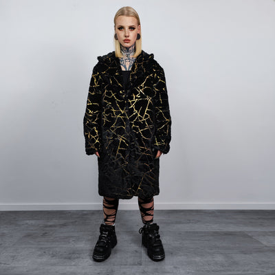 Golden foil long coat hooded metallic painted trench going out bomber detachable party fleece removable sleeves burning man jacket in black