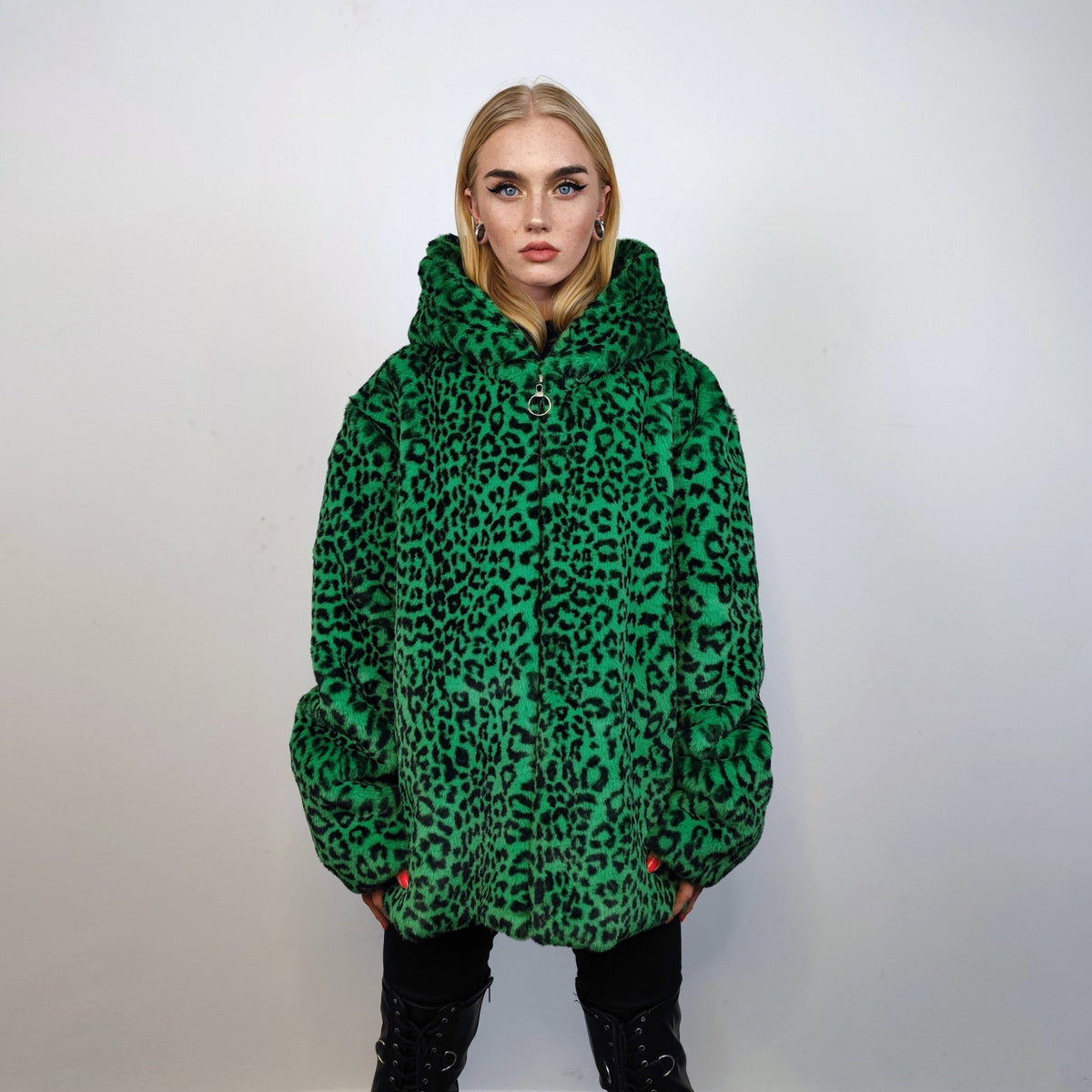 Hooded faux fur leopard jacket animal print bomber bright raver coat fluffy cheetah fleece festival puffer neon burning man overcoat in pink