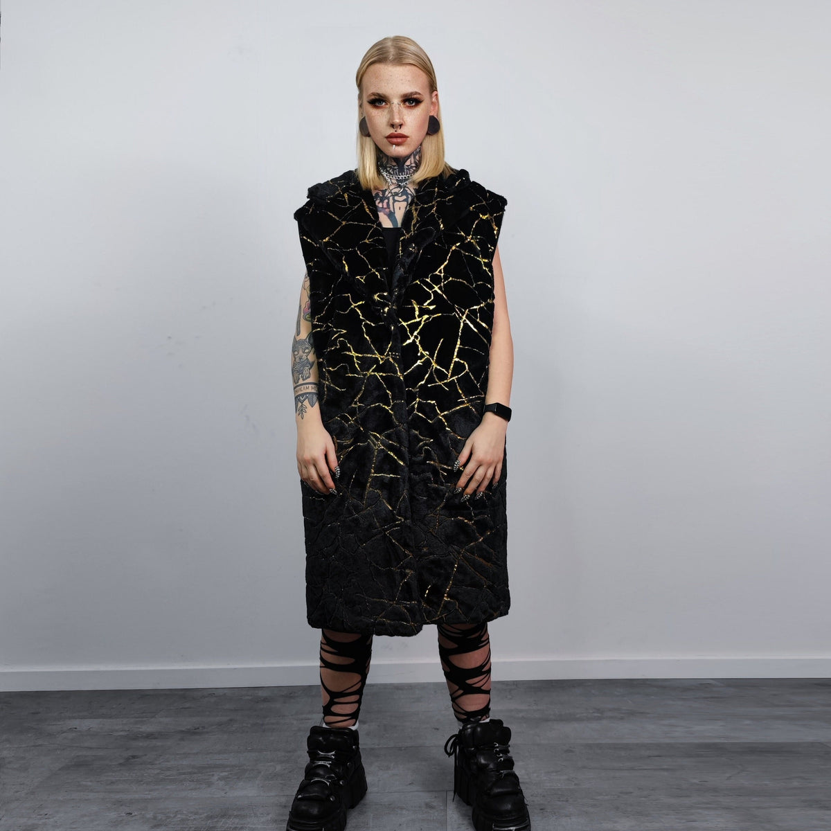 Golden foil long coat hooded metallic painted trench going out bomber detachable party fleece removable sleeves burning man jacket in black