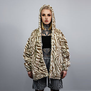 Tiger print hooded jacket handmade detachable faux fur animal print bomber stripe pattern fleece party coat festival zebra hoodie in cream