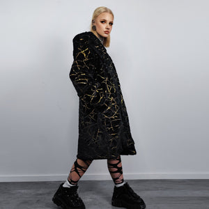 Golden foil long coat hooded metallic painted trench going out bomber detachable party fleece removable sleeves burning man jacket in black