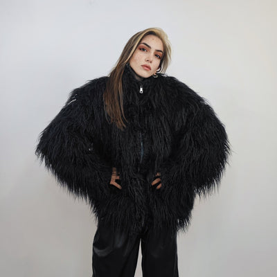 Shaggy faux fur jacket black long hair fluffy going out bomber party fleece fancy dress peacoat high fashion fuzzy Gothic coat rave puffer