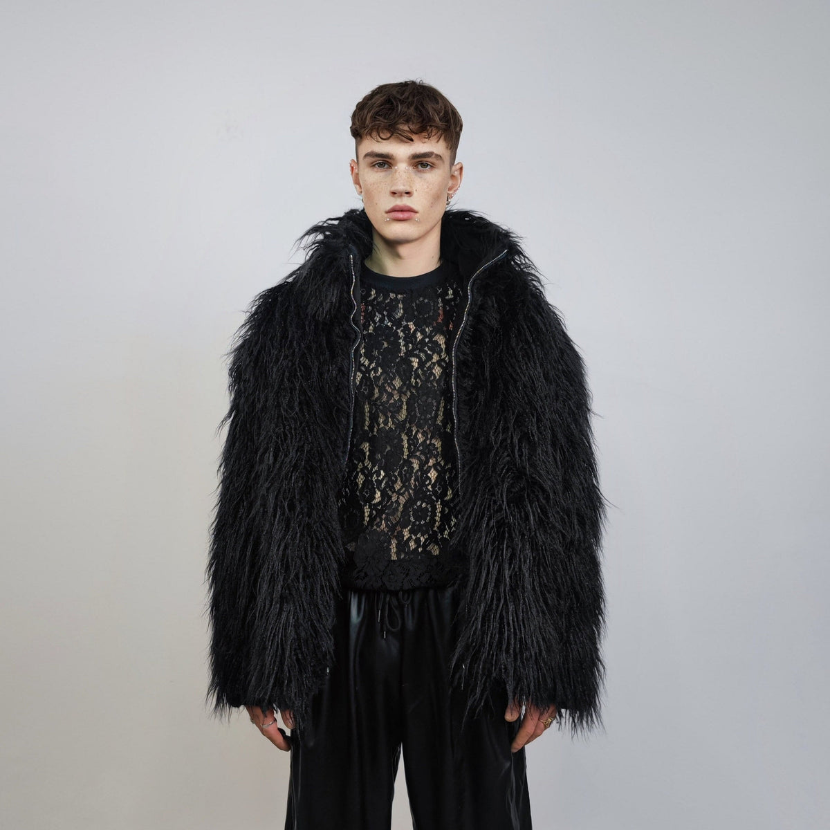Shaggy faux fur jacket black long hair fluffy going out bomber party fleece fancy dress peacoat high fashion fuzzy Gothic coat rave puffer