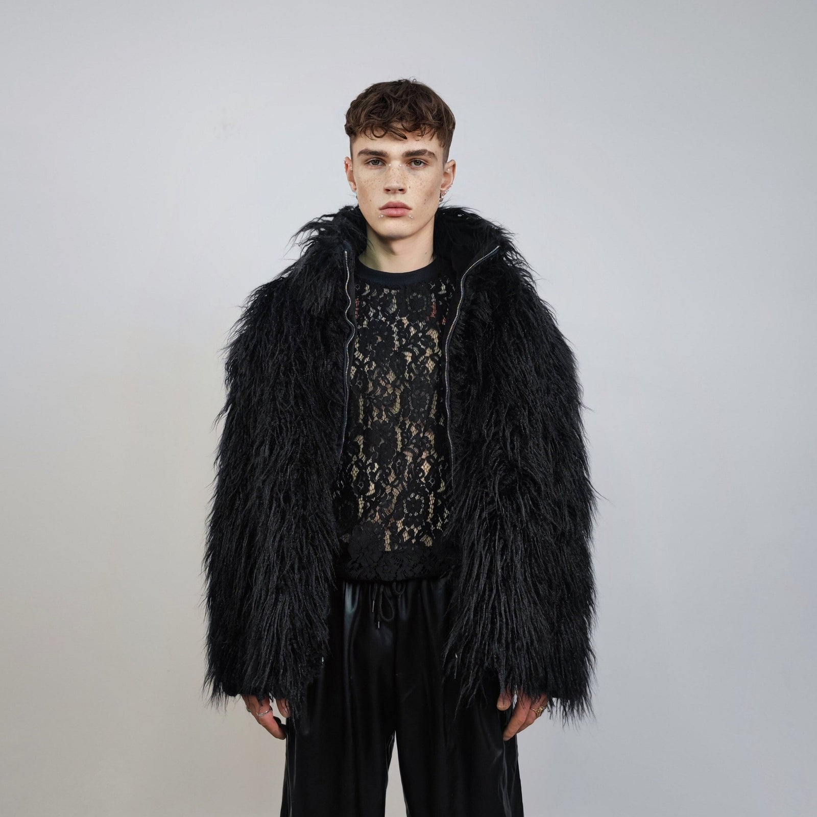 Shaggy faux fur jacket black long hair fluffy going out bomber party fleece fancy dress peacoat high fashion fuzzy Gothic coat rave puffer