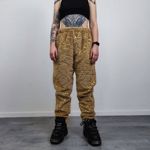 Golden faux fur joggers metallic pants handmade luminous fleece raver trousers premium party overalls in brown and gold