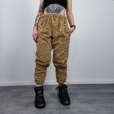 Golden faux fur joggers metallic pants handmade luminous fleece raver trousers premium party overalls in brown and gold