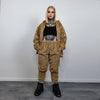 Golden faux fur joggers metallic pants handmade luminous fleece raver trousers premium party overalls in brown and gold