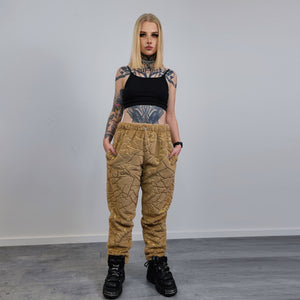 Golden faux fur joggers metallic pants handmade luminous fleece raver trousers premium party overalls in brown and gold