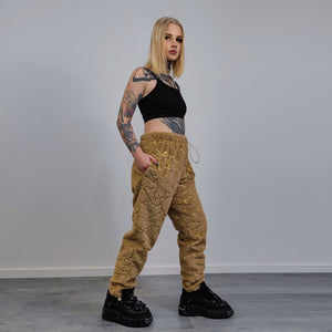 Golden faux fur joggers metallic pants handmade luminous fleece raver trousers premium party overalls in brown and gold