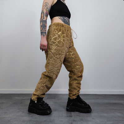 Golden faux fur joggers metallic pants handmade luminous fleece raver trousers premium party overalls in brown and gold