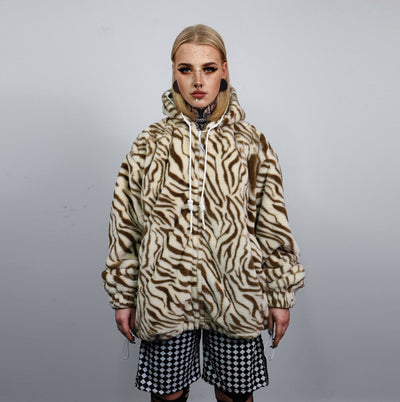 Tiger print hooded jacket handmade detachable faux fur animal print bomber stripe pattern fleece party coat festival zebra hoodie in cream