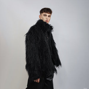 Shaggy faux fur jacket black long hair fluffy going out bomber party fleece fancy dress peacoat high fashion fuzzy Gothic coat rave puffer