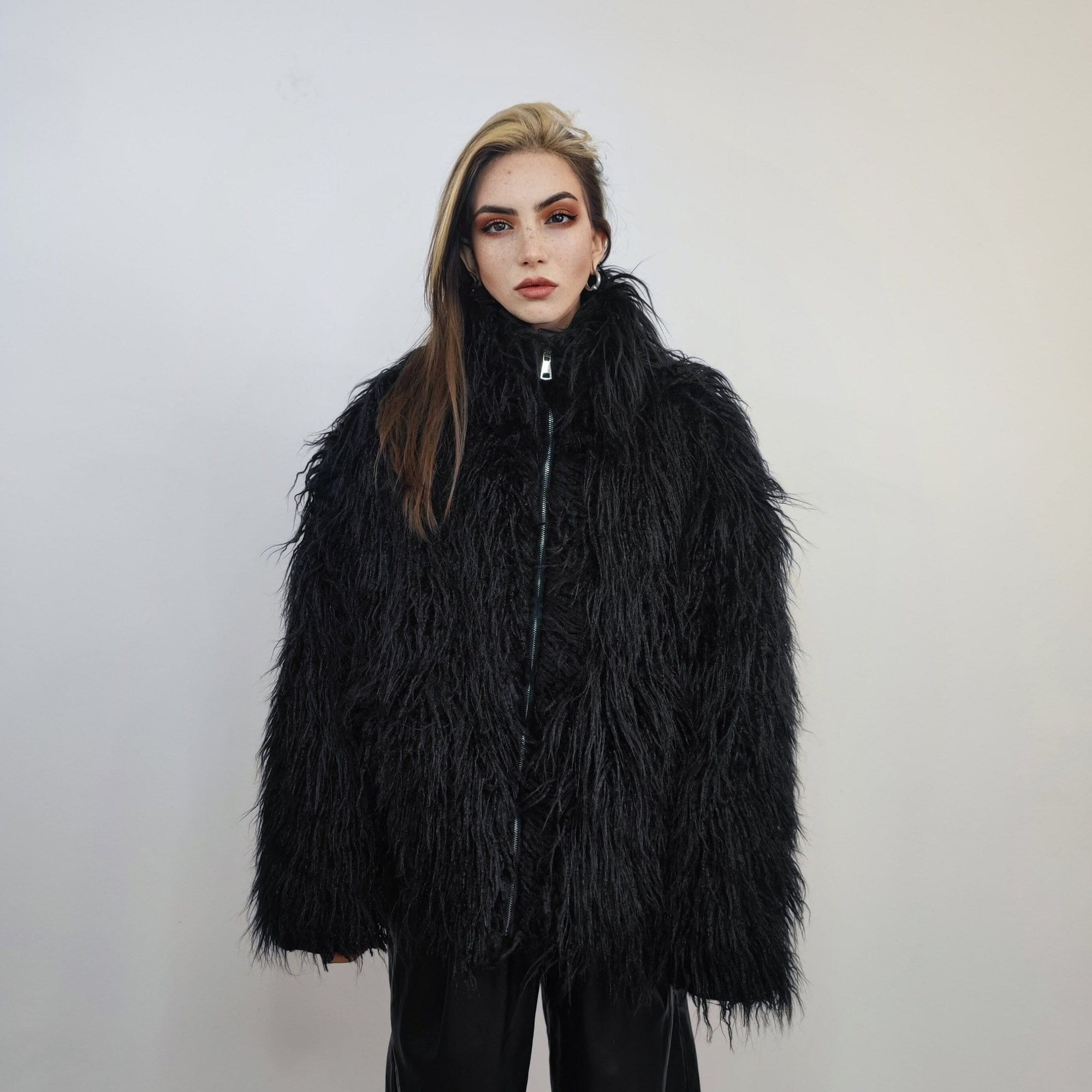 Shaggy faux fur jacket black long hair fluffy going out bomber party fleece fancy dress peacoat high fashion fuzzy Gothic coat rave puffer