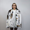 Spot print collarless faux fur coat leopard jacket shaggy animal overcoat fuzzy going out mink bomber party fleece fluffy catwalk peacoat