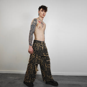 Wide leopard jeans ripped animal print pants denim cheetah joggers glam rock trousers unisex spot print jeans in brown black