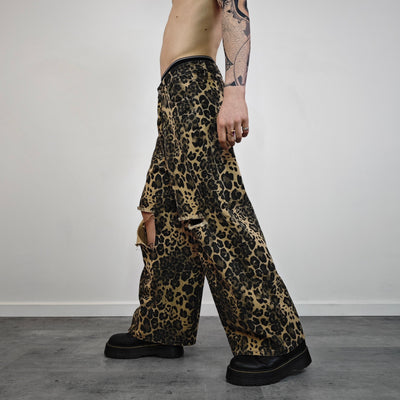 Wide leopard jeans ripped animal print pants denim cheetah joggers glam rock trousers unisex spot print jeans in brown black