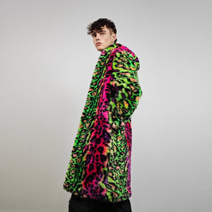 Neon leopard faux fur coat hooded festival jacket cheetah rave bomber fluorescent Burning Man fleece neon EDM overcoat carnival jacket green