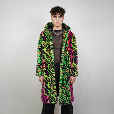 Neon leopard faux fur coat hooded festival jacket cheetah rave bomber fluorescent Burning Man fleece neon EDM overcoat carnival jacket green