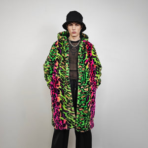 Neon leopard faux fur coat hooded festival jacket cheetah rave bomber fluorescent Burning Man fleece neon EDM overcoat carnival jacket green