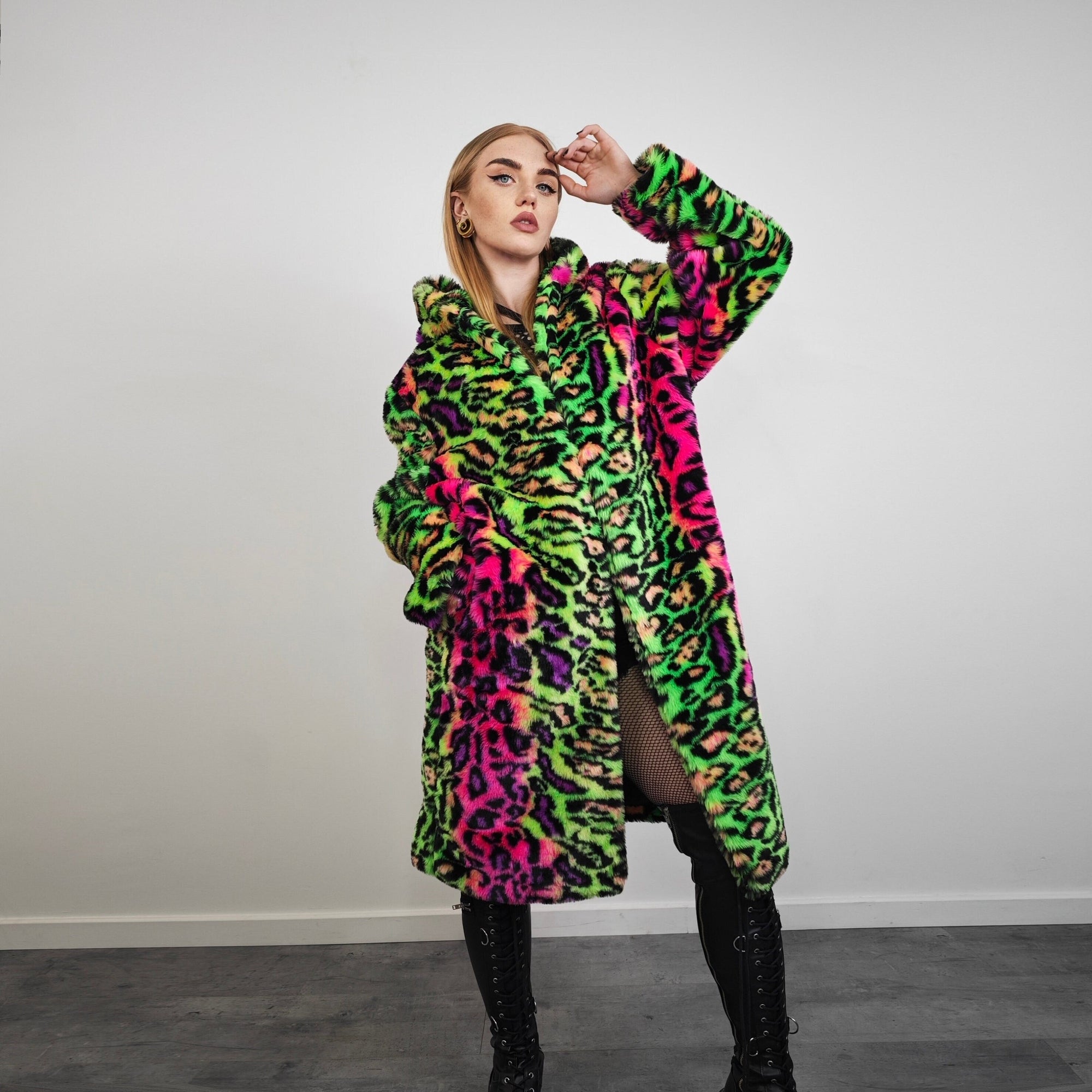 Neon leopard faux fur coat hooded festival jacket cheetah rave bomber fluorescent Burning Man fleece neon EDM overcoat carnival jacket green