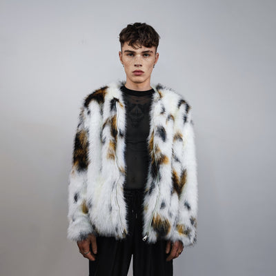 Spot print collarless faux fur coat leopard jacket shaggy animal overcoat fuzzy going out mink bomber party fleece fluffy catwalk peacoat