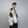 Spot print collarless faux fur coat leopard jacket shaggy animal overcoat fuzzy going out mink bomber party fleece fluffy catwalk peacoat