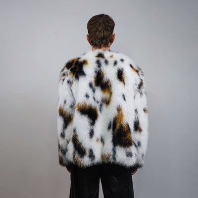 Spot print collarless faux fur coat leopard jacket shaggy animal overcoat fuzzy going out mink bomber party fleece fluffy catwalk peacoat