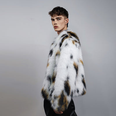 Spot print collarless faux fur coat leopard jacket shaggy animal overcoat fuzzy going out mink bomber party fleece fluffy catwalk peacoat