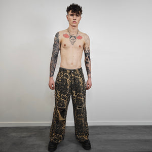 Wide leopard jeans ripped animal print pants denim cheetah joggers glam rock trousers unisex spot print jeans in brown black