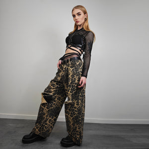 Wide leopard jeans ripped animal print pants denim cheetah joggers glam rock trousers unisex spot print jeans in brown black