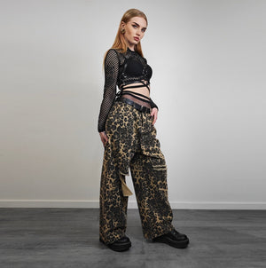 Wide leopard jeans ripped animal print pants denim cheetah joggers glam rock trousers unisex spot print jeans in brown black