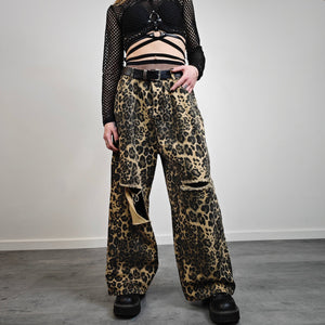 Wide leopard jeans ripped animal print pants denim cheetah joggers glam rock trousers unisex spot print jeans in brown black