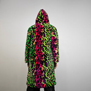 Neon leopard faux fur coat hooded festival jacket cheetah rave bomber fluorescent Burning Man fleece neon EDM overcoat carnival jacket green