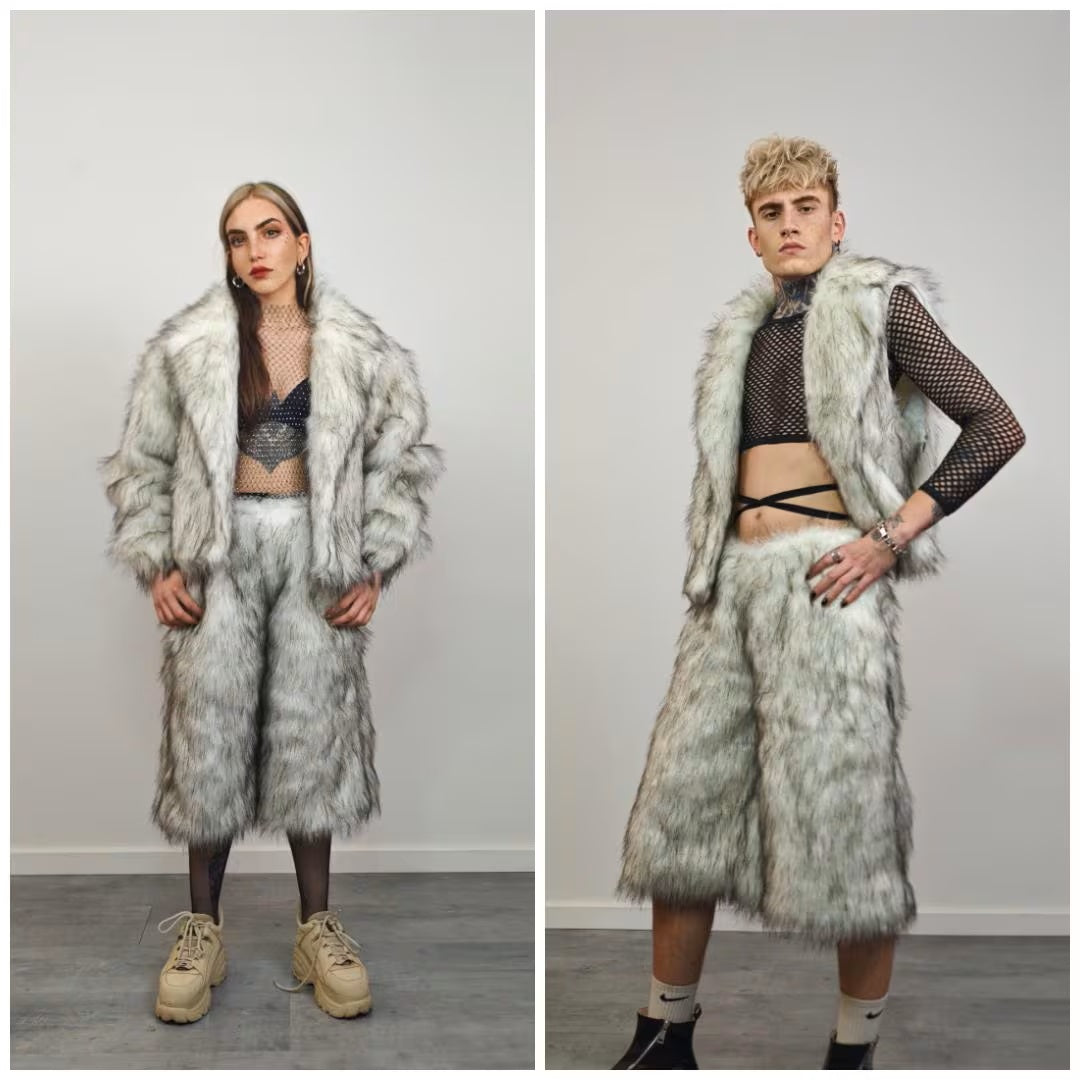 Faux Fur Joggers White Oil Wash, Shaggy Statement Pants, Unisex Luxe Grunge Bottoms, Raver Festival Trousers