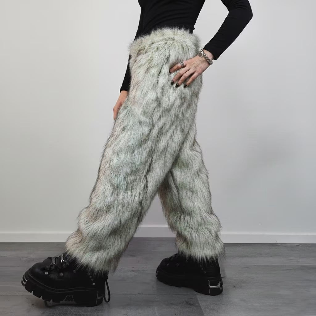 Faux Fur Joggers White Oil Wash, Shaggy Statement Pants, Unisex Luxe Grunge Bottoms, Raver Festival Trousers
