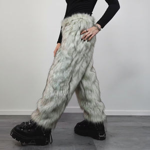 Faux Fur Joggers White Oil Wash, Shaggy Statement Pants, Unisex Luxe Grunge Bottoms, Raver Festival Trousers