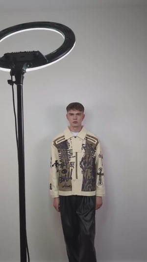 Graffiti denim jacket punk jean bomber utility color block bomber grunge aviator gorpcore festival coat rocker varsity rebel blazer in brown