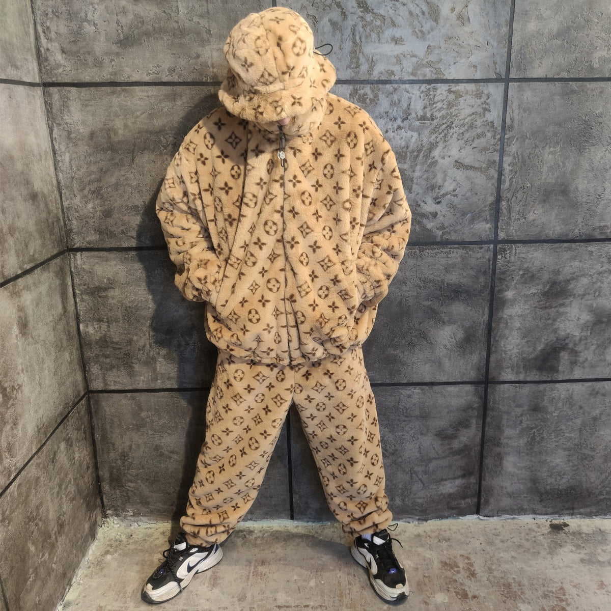 LV fleece track jacket handmade recycled faux fur bomber in brown